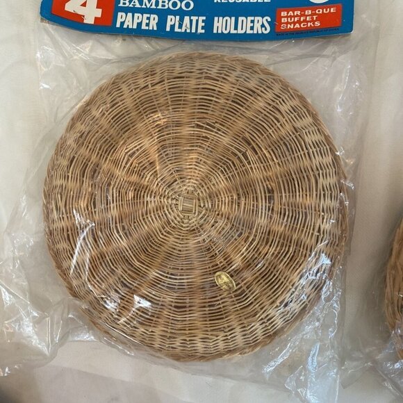 8 Vintage Boho Wicker Rattan Bamboo Paper Plate Holder Camping Picnic Party NOS - Picture 4 of 7
